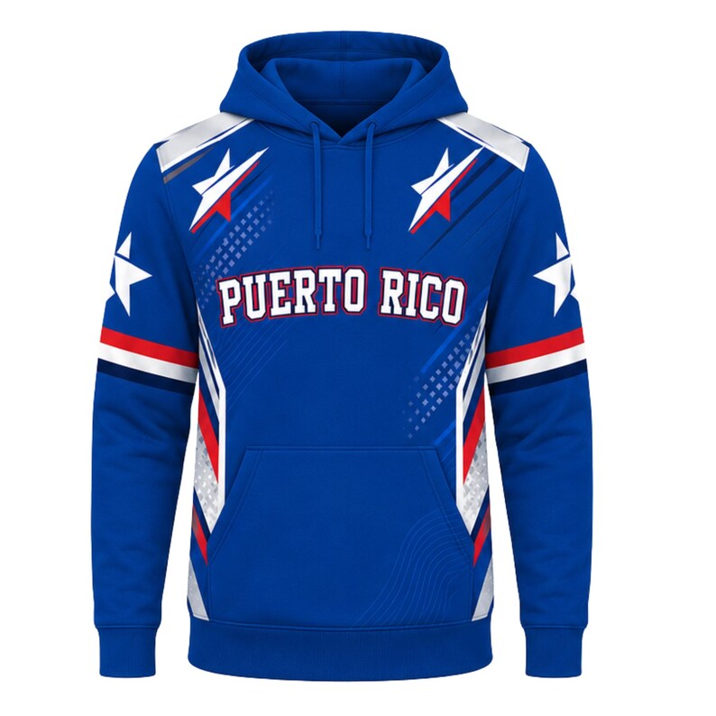 May include: A royal blue hooded sweatshirt featuring the text PUERTO RICO in white block letters across the chest. The design includes white and red star graphics, diagonal stripes, and a front kangaroo pocket with long matching drawstrings.