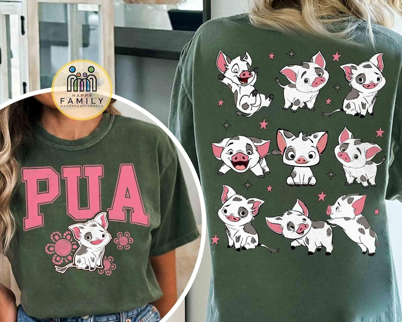 May include: Green t-shirt with the word "PUA" in pink block letters and a cartoon pig illustration. The back of the shirt features multiple cartoon pig illustrations and pink stars. The shirt is made of a soft material.