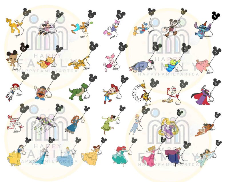 Puede incluir: Ilustraciones de personajes de dibujos animados, cada uno sosteniendo un globo negro con forma de Mickey Mouse con el n&uacute;mero 3. Los personajes incluyen Mickey Mouse, Winnie the Pooh y princesas de Disney. Tambi&eacute;n es visible el texto "HAPPY FAMILY ARTCA".