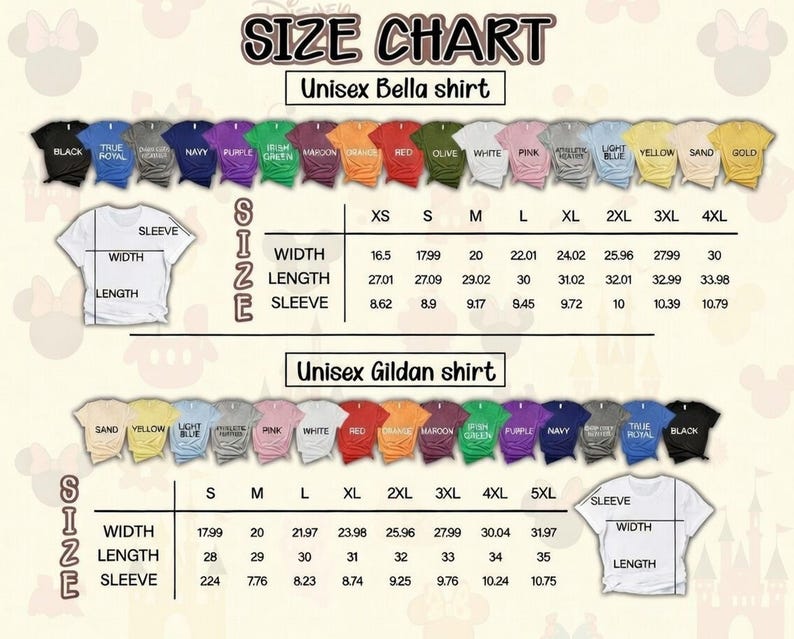 May include: A size chart for unisex Bella and Gildan shirts, featuring various colors and sizes from XS to 5XL. The chart includes measurements for width, length, and sleeve length in inches. The text "SIZE CHART" is at the top.