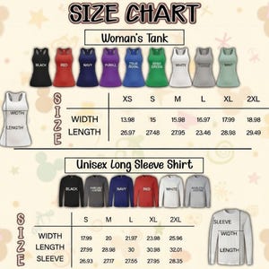 May include: Size chart for women's tank tops and unisex long sleeve shirts. The chart displays measurements for width, length, and sleeve length in inches. Tank top colors include black, red, navy, purple, true royal, Irish green, white, heather gray, and mint.