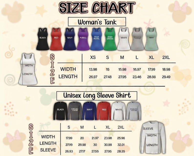 May include: Size chart for women's tank tops and unisex long sleeve shirts. The chart displays measurements for width, length, and sleeve length in inches. Tank top colors include black, red, navy, purple, true royal, Irish green, white, heather gray, and mint.