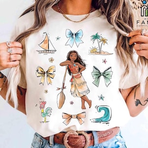 Watercolor Coquette Bows Disney Moana T-shirt, Girls Trip 2025, Girly Aesthetics tee, WDW Family Trip, Moana Princess and Hei Hei Shirt