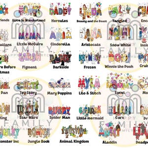 May include: A selection of colourful graphic designs featuring names and characters from popular Disney films and franchises. Each design incorporates the name in a unique font with related imagery, such as "Mickey & Friends" and "Frozen".
