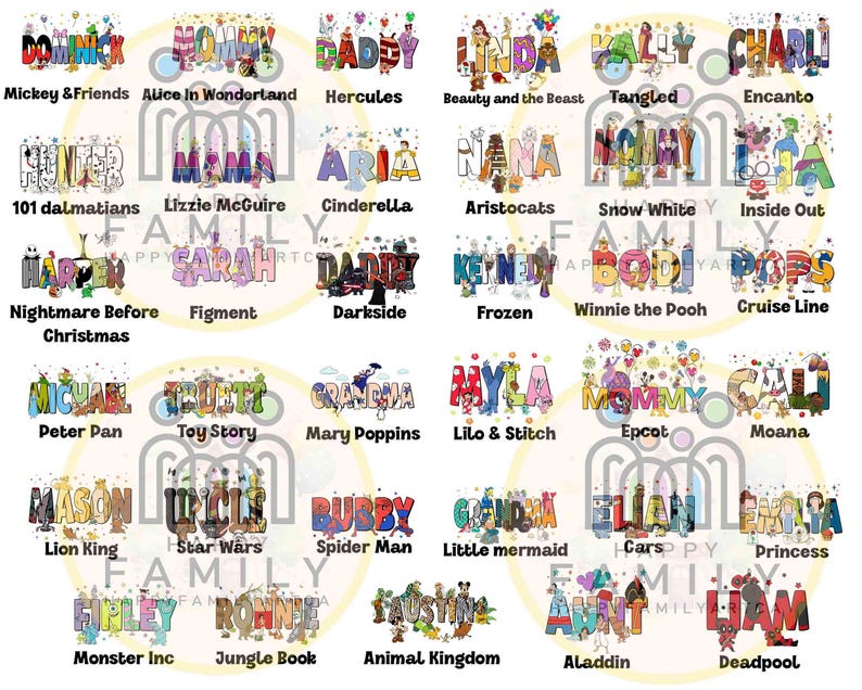 May include: A selection of colourful graphic designs featuring names and characters from popular Disney films and franchises. Each design incorporates the name in a unique font with related imagery, such as "Mickey & Friends" and "Frozen".