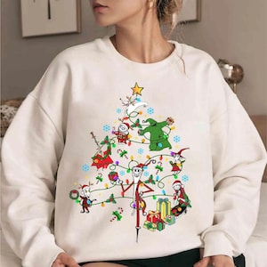 レトロなディズニー ナイトメアー・ビフォア・クリスマス クリスマスツリーライトシャツ、ミッキーのとても楽しいパーティーギフト、サンタ、ジャック、サリー、ウギー・ブギーのクリスマスTシャツ 画像 1