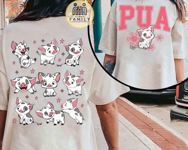 May include: A light-colored t-shirt featuring a cartoon pig design. The back of the shirt displays multiple images of the pig with pink stars. The front of the shirt has the word "PUA" in pink letters above a pig illustration.
