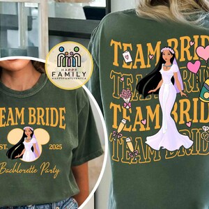 May include: Green t-shirts featuring "Team Bride" text and a bride graphic. One shirt has a Mickey Mouse-shaped design with "EST. 2025" and "Bachelorette Party". The other shirt has the text repeated with bride illustrations.