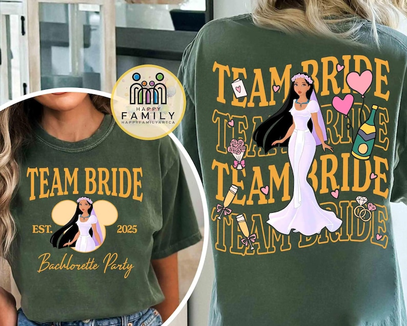 May include: Green t-shirts featuring "Team Bride" text and a bride graphic. One shirt has a Mickey Mouse-shaped design with "EST. 2025" and "Bachelorette Party". The other shirt has the text repeated with bride illustrations.
