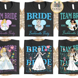 May include: Black t-shirts with princess designs for a hen party. The shirts display "Team Bride" and "Bride" with princess illustrations, the year "2025", and the words "Bachelorette Party".