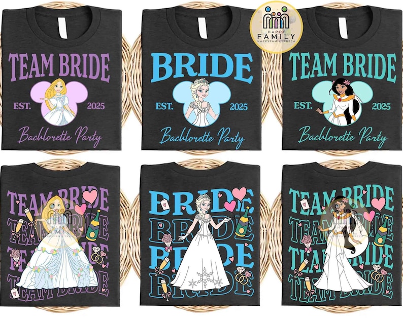 May include: Black t-shirts with princess designs for a hen party. The shirts display "Team Bride" and "Bride" with princess illustrations, the year "2025", and the words "Bachelorette Party".