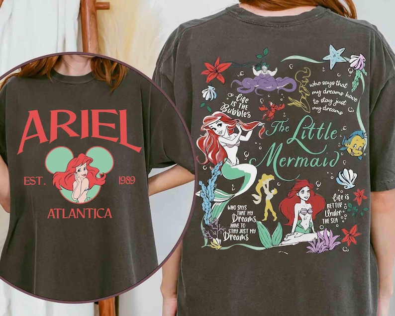 Camiseta vintage de doble cara de La Sirenita Atlántica Est 1989, regalo para viaje familiar a Magic Kingdom, camiseta a juego de la princesa Ariel de Disney imagen 1