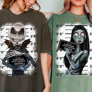 Camiseta vintage com foto de Jack Skellington e Sally, estampa da ficha policial, viagem de férias em família para o Oogie Boogie Bash em 2025, camiseta inspirada em O Estranho Mundo de Jack.