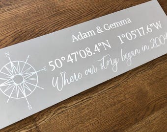 Letrero náutico personalizado de madera... Coordenadas y dónde empezó todo (Latitud, Longitud y Brújula). Regalo de aniversario para pareja. Letrero personalizado.