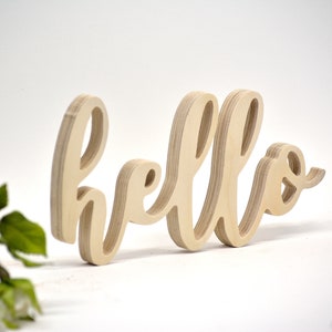 Letrero de madera con texto "Hola" para decoración de pared en estilo campestre, letrero de "Hola", letrero de decoración de pared de entrada, letras de madera recortadas, letrero de madera de pie para estante