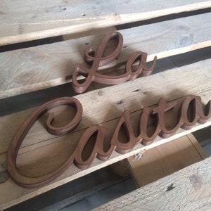 Wooden La Casita signs, painted in Dark wood finish. The signs are made of 3/4" thick plywood (18mm) and they are freestanding.