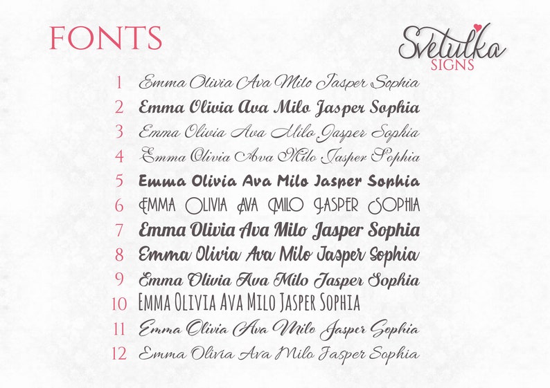 May include: A list of 12 different fonts showing the names Emma, Olivia, Ava, Milo, Jasper, and Sophia. The fonts are numbered 1 through 12. The text "FONTS" is at the top of the image and the text "Svetulka SIGNS" is at the top right of the image.