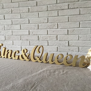 King & Queen Wedding Wood Signs in Gold Glitter