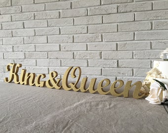 King & Queen Wedding Wood Signs in Gold Glitter