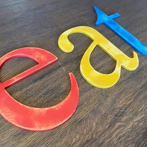 May include: Three wooden letters spelling out the word "Eat" in red, yellow, and blue paint. The letters are arranged horizontally on a wooden surface.