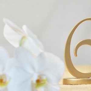 May include: A gold-colored table number sign in the shape of the numeral six, featuring a smooth finish and a circular base, positioned next to white orchid flowers with yellow centers, creating a clear visual focus on the metallic number.