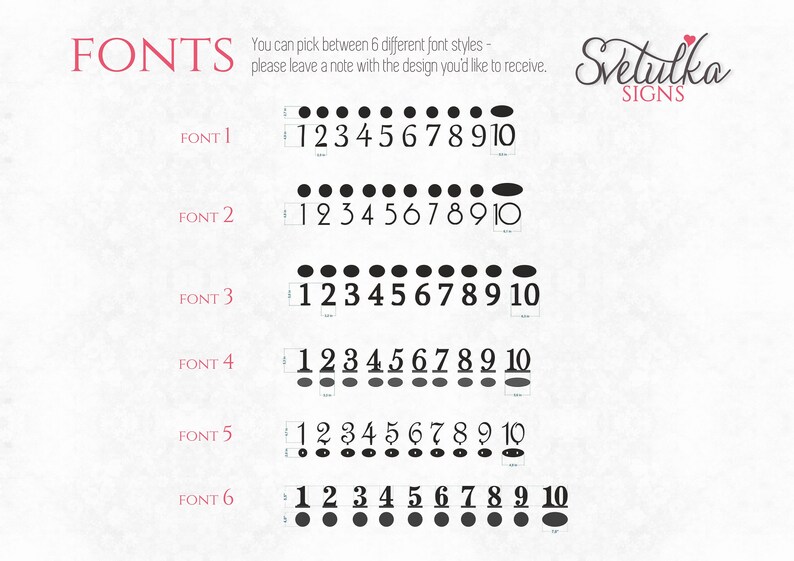 May include: A digital chart titled FONTS displaying six distinct numerical font styles labeled 1 through 6. Each row features the numbers 1 through 10 in a unique typeface, accompanied by small black circular or oval icons above or below the digits.