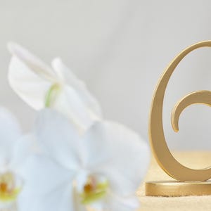 May include: A gold-colored table number sign in the shape of the numeral six, featuring a smooth, curved font and a circular base, positioned next to several white orchid flowers with yellow centers against a light, neutral background.