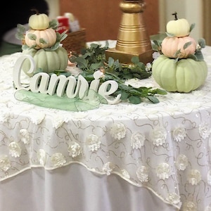 May include: A white table with a white lace tablecloth with a gold metal stand and three stacked pumpkins in green, pink, and white. The table is decorated with greenery and a white wooden sign that says "Camrie".