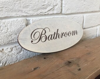 Cottage chic cartello in legno ovale Bagno, toilette, segno di bagno per bagno rustico, segno del bagno, bagno appeso alla porta, cartello in legno da bagno