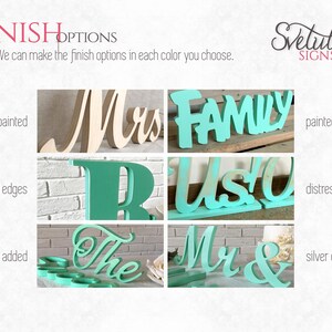 May include: A visual guide to different finish options for wooden signs. The options include unpainted, distressed edges, gold dust added, painted, distressed front, and silver dust added. The signs feature the words "Mrs", "Family", "Us", "The", "Mr &" in various styles.