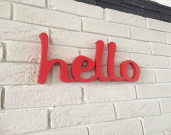 Handpainted red wood sign hello! entrance decoration, office, shop, bar, restaurant, wall decoration