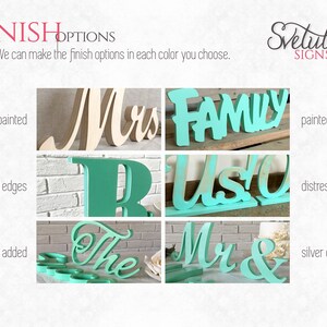 May include: A collage of wooden signs showing different finish options. The signs are in various colors and styles, including unpainted, distressed edges, gold dust added, painted, distressed front, and silver dust added. The signs feature the words "Mrs", "Family", "Us", "The", "Mr", and "&".