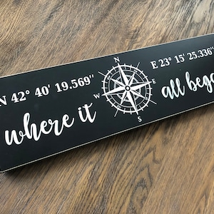 Nautical Personalized Wood Sign... Coordinates & Where It All Began (Latitude Longitude Compass ) Anniversary Gift  For Couple Custom Sign
