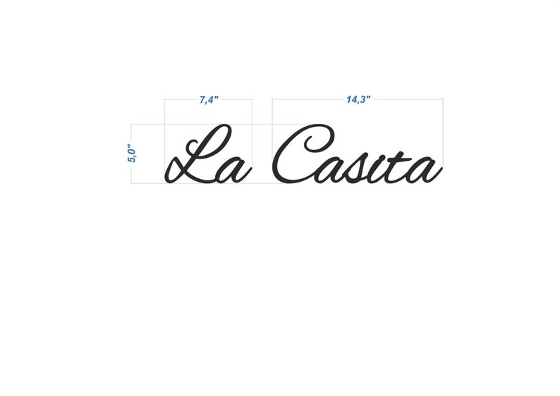K&ouml;nnte beinhalten: Schwarzes Schild in kursiver Schrift mit der Aufschrift "La Casita" mit den Ma&szlig;en 18,8 cm x 36,3 cm.
