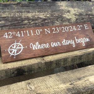 Personalized Handmade Wood Sign custom coordinates - Compass, Latitude & Longitude "Where our story began" wall decor sign  anniversary gift