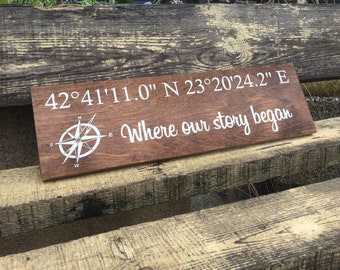 Personalized Handmade Wood Sign custom coordinates - Compass, Latitude & Longitude "Where our story began" wall decor sign  anniversary gift