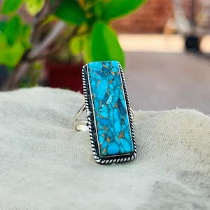 Blue Copper Turquoise Ring  Rectangular Gemstone Sterling Silver Ring Handmade Statement Boho Jewelry  wonderful gift gift for wife