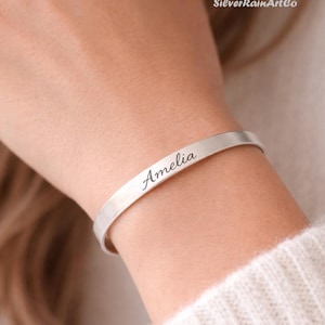 Custom Engraved Name Bangle: Solid 925 Sterling Silver Dainty Cuff Bracelet