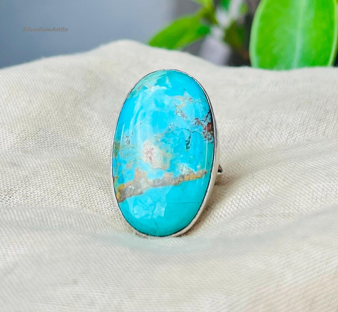 Kingman Turquoise Oval Statement Ring, Sterling Silver Boho Handmade ...