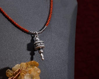 Tibetan Prayer Wheel Pendant Necklace Handcrafted Red Agate Tibetan S925 Silver