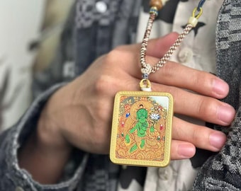 Green Tara Thangka Pendant Copper Hand Painted Tibetan Buddhist Protection Necklace Bodhisattva Tara
