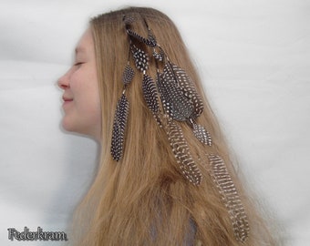 Guinea Fowl Black/White Feather Hair Extension Clip, 8 or 12 feathers, natural jewelry handmade