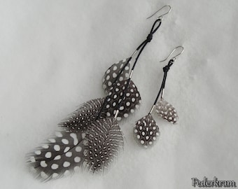 Guinea Fowl Feather Earrings black/white, handmade, Sterling