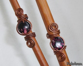 2x copper firework jasper beard beads, black purple, 6mm 8mm, dread hair jewelry, wire coil