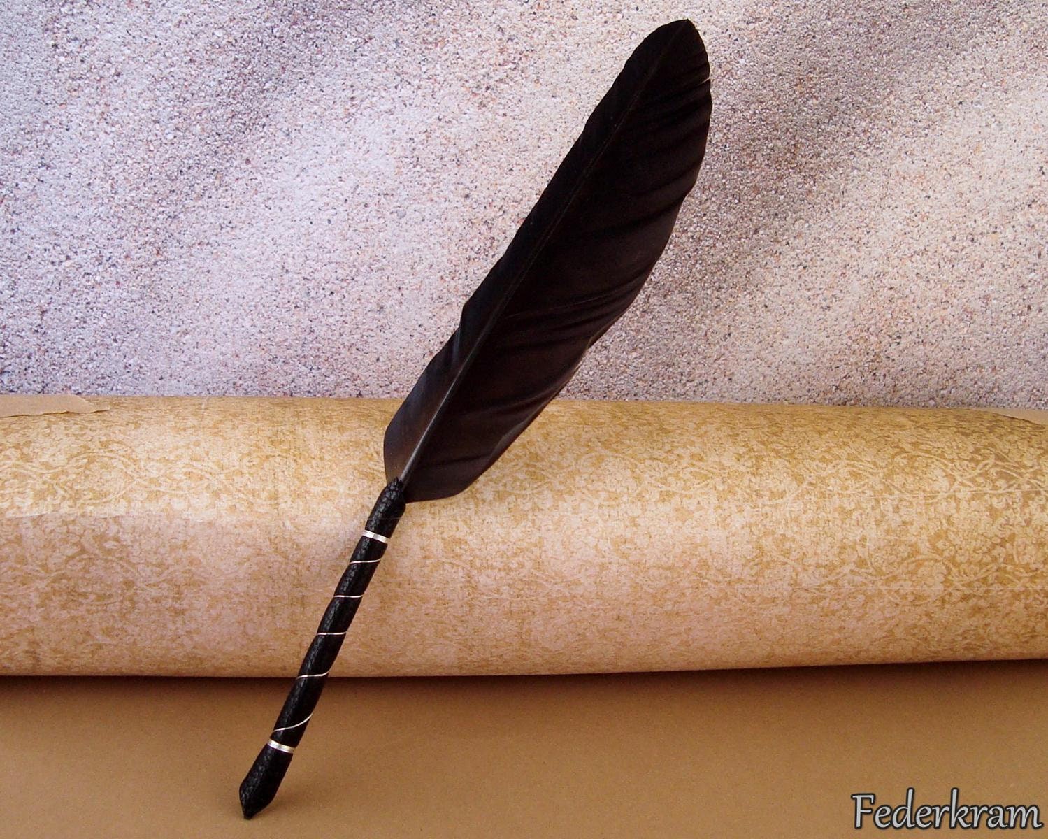 Ballpen Black Raven Crow Feather Quill silver with leather Etsy