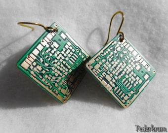 Circuit Board Earring square green gold handmade