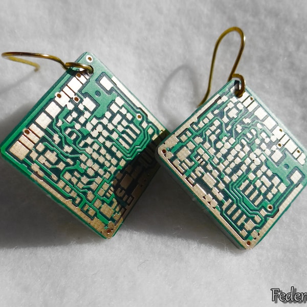 Circuit Board Earring square green gold handmade