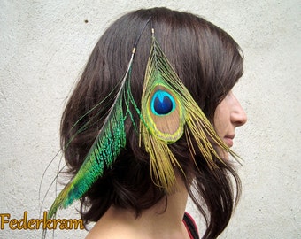 Peacock Feather Hair Extension Clip, natural jewelry handmade green