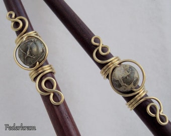 2x green Snakeskin Jasper gemstone on brass wire beads, 6mm - 8mm, dread hair jewelry handmade by Federkram