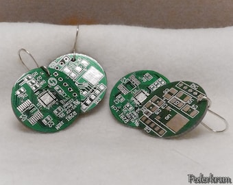 Circuit Board Earring round green silver handmade